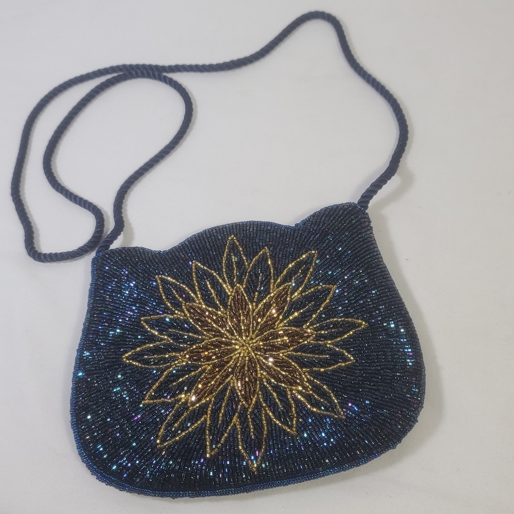La Regale Elegant Beaded Evening Bag - Navy and Gold